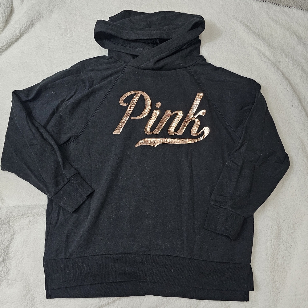 Victoria's Secret PINK M Black Crossover Hoodie Pullover Gold Sequin Bling